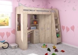 Łóżko piętrowe z biurkiem szafą narożną antresola SOLA P endgrain gr.migdał