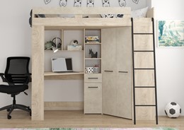 Łóżko piętrowe z biurkiem szafą narożną antresola FLO P endgrain gr. migdał