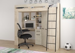Łóżko piętrowe z biurkiem szafą narożną antresola FLO P endgrain gr. migdał