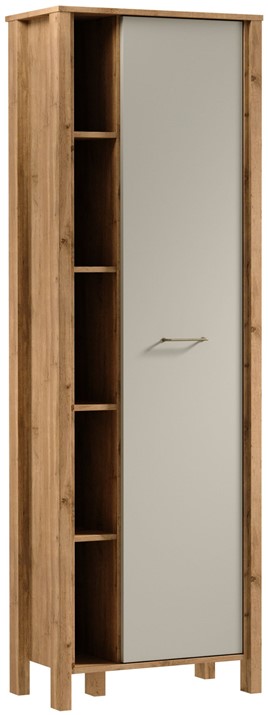 meble INDYGO R1D wąski regał z półkami drzwiami zamknięty dąb wotan beż