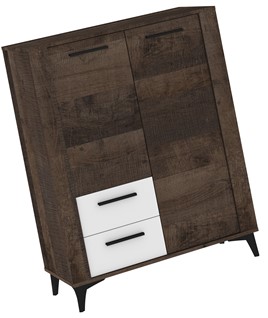 meble MIGES 08 regał z szufladami drzwiami na nóżkach dąb grange biały poły