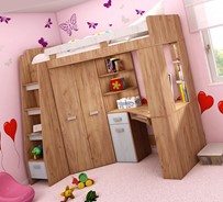 Łóżko piętrowe z biurkiem szafą narożną antresola SOLA L craft złoty biały