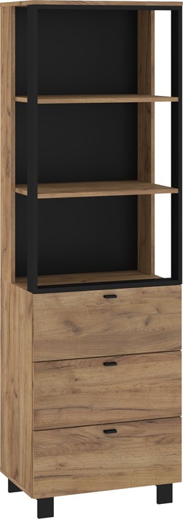 meble GAVES 11 wysoki regał z półkami szufladami loft dąb craft złot czarny