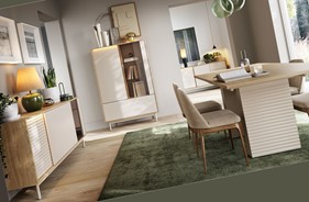 meble TILA #1 zestaw witryna komoda stół rozkładany dąb olejowany cashmere