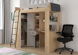 Łóżko piętrowe z biurkiem szafą narożną antresola FLO L dąb cremona beton