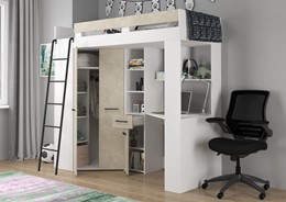 Łóżko piętrowe z biurkiem szafą narożną antresola FLO L biały gran. migdał