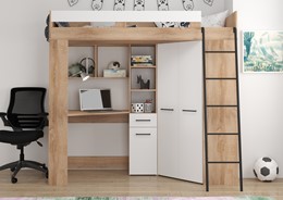 Łóżko piętrowe z biurkiem szafą narożną antresola FLO P dąb sonoma biały