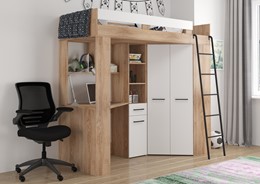 Łóżko piętrowe z biurkiem szafą narożną antresola FLO P dąb sonoma biały