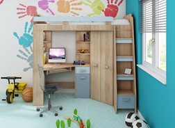 Łóżko piętrowe z biurkiem szafą narożną antresola SOLA P dąb sonoma błękit