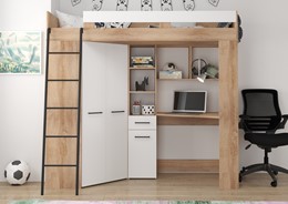 Łóżko piętrowe z biurkiem szafą narożną antresola FLO L dąb sonoma biały