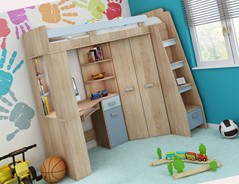 Łóżko piętrowe z biurkiem szafą narożną antresola SOLA P dąb sonoma błękit