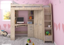 Łóżko piętrowe z biurkiem szafą narożną antresola SOLA P endgrain gr.migdał