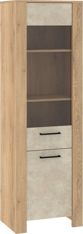 meble DELIS 15 wysoka wąska witryna do salonu dąb cremona granada migdał