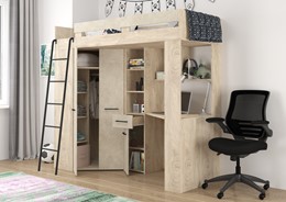 Łóżko piętrowe z biurkiem szafą narożną antresola FLO L endgrain gr. migdał